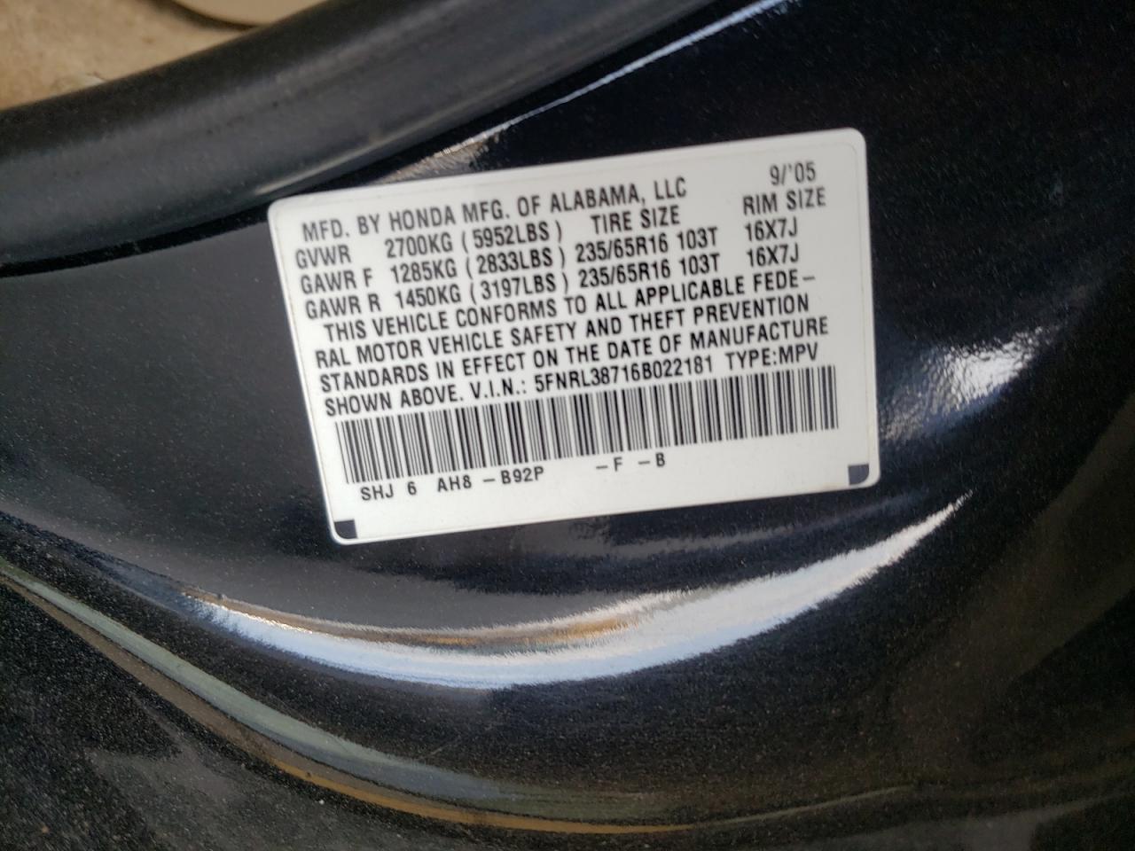 2006 Honda Odyssey Exl VIN: 5FNRL38716B022181 Lot: 69407684