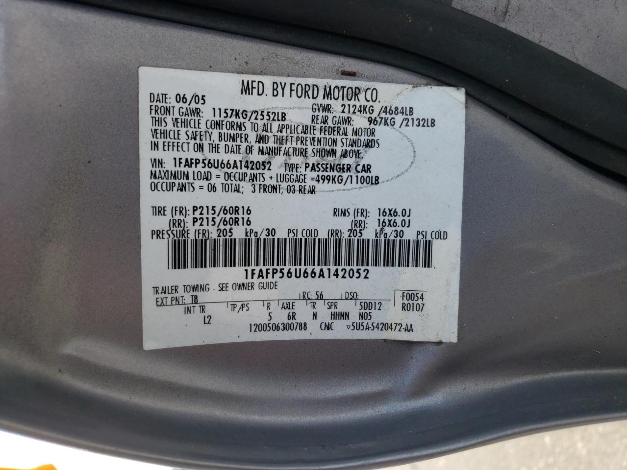 1FAFP56U66A142052 2006 Ford Taurus Sel