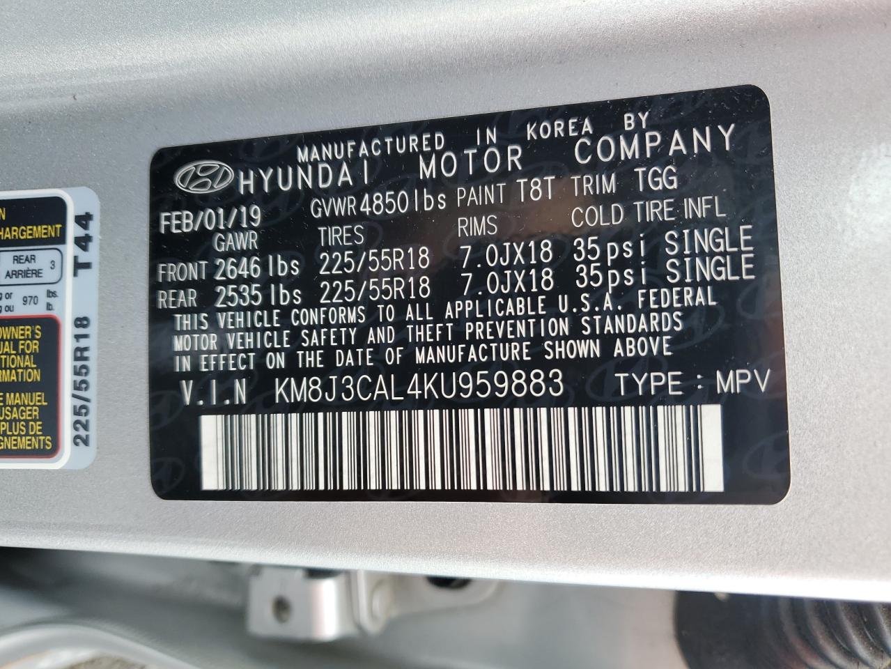 KM8J3CAL4KU959883 2019 Hyundai Tucson Limited