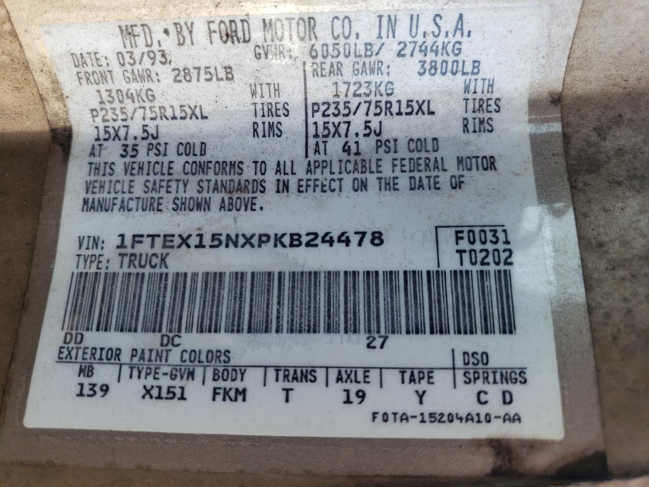 1993 Ford F150 VIN: 1FTEX15NXPKB24478 Lot: 67494674