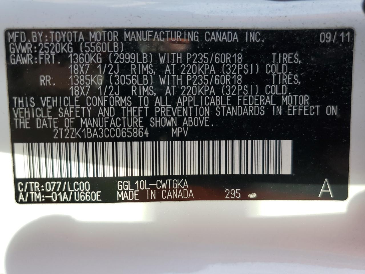 2012 Lexus Rx 350 VIN: 2T2ZK1BA3CC065864 Lot: 65953244