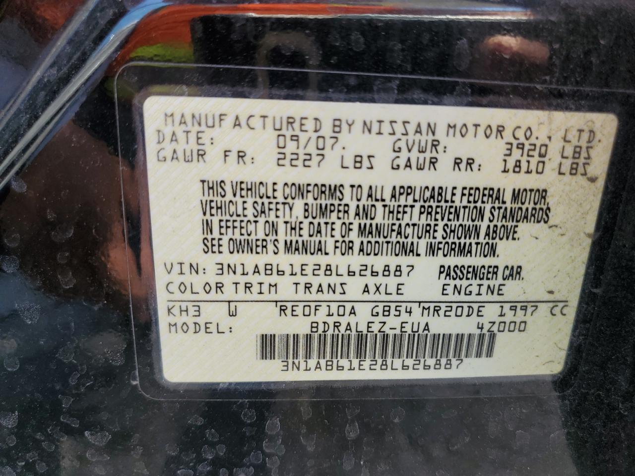 2008 Nissan Sentra 2.0 VIN: 3N1AB61E28L626887 Lot: 66386124