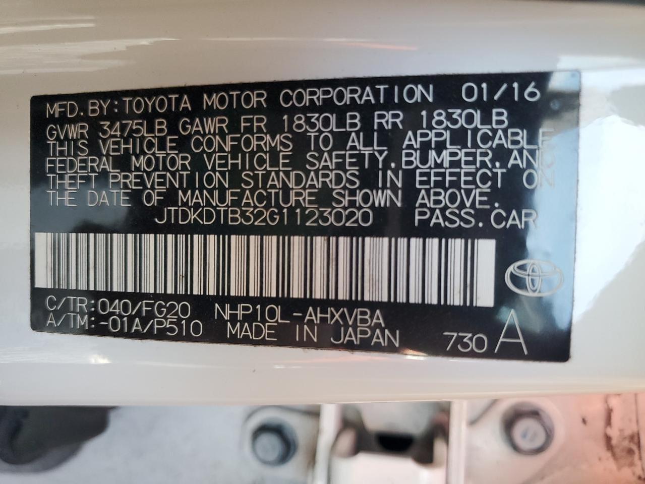 JTDKDTB32G1123020 2016 Toyota Prius C