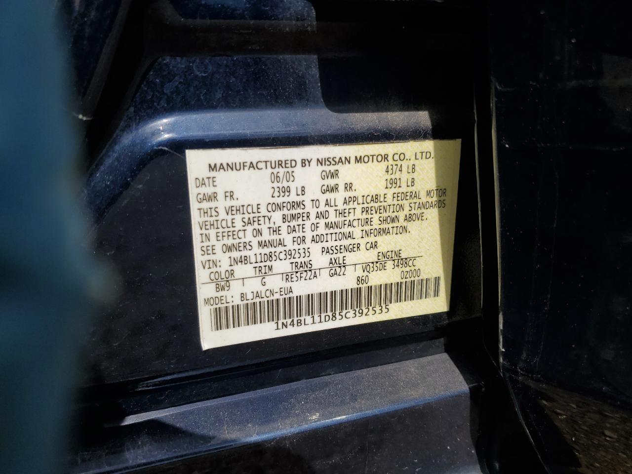 2005 Nissan Altima Se VIN: 1N4BL11D85C392535 Lot: 67044294