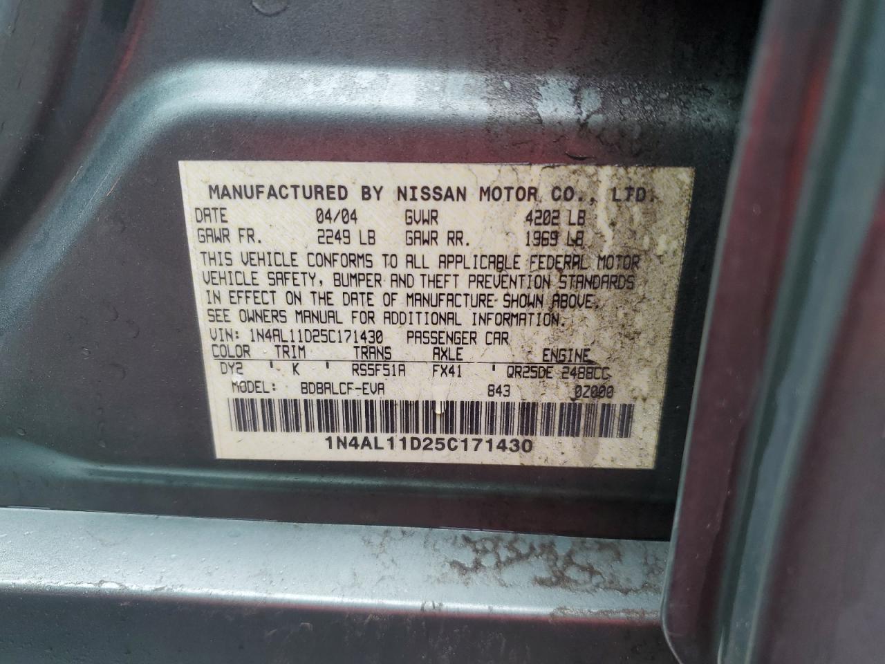 2005 Nissan Altima S VIN: 1N4AL11D25C171430 Lot: 66385254