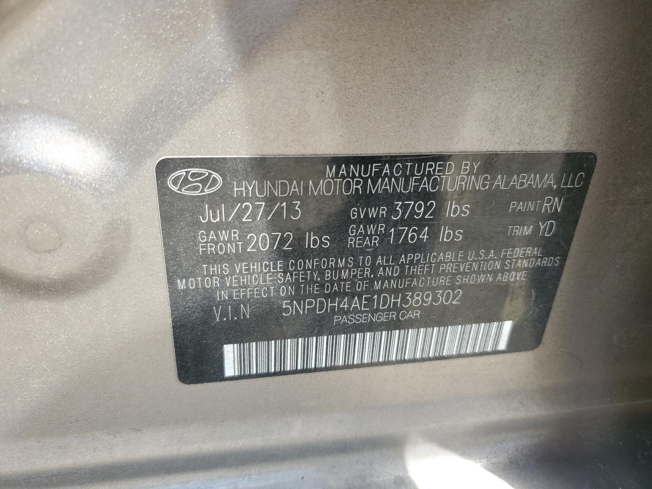 2013 Hyundai Elantra Gls VIN: 5NPDH4AE1DH389302 Lot: 67030814