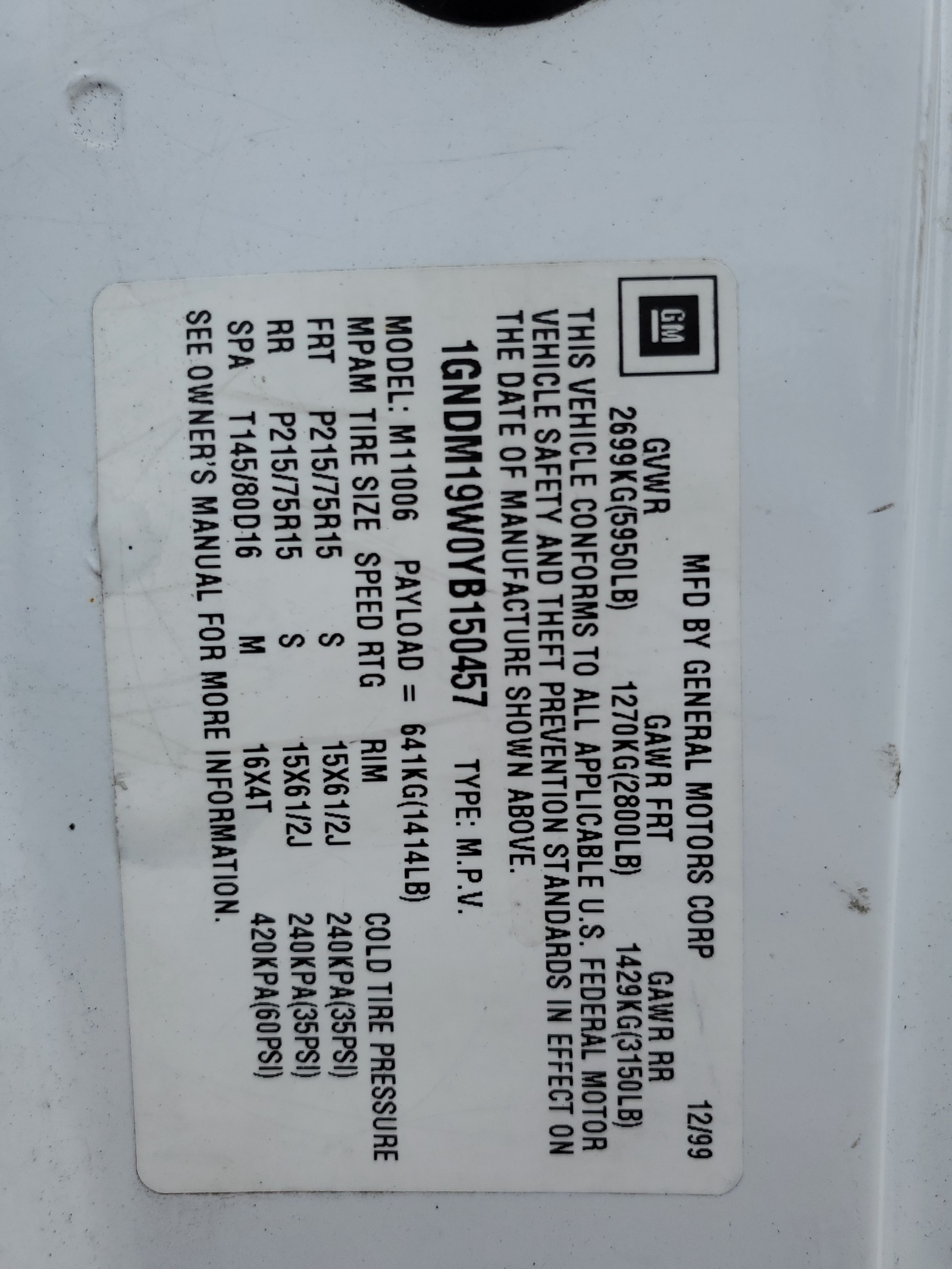 1GNDM19W0YB150457 2000 Chevrolet Astro