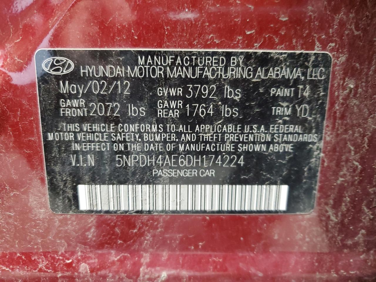 2013 Hyundai Elantra Gls VIN: 5NPDH4AE6DH174224 Lot: 66314774