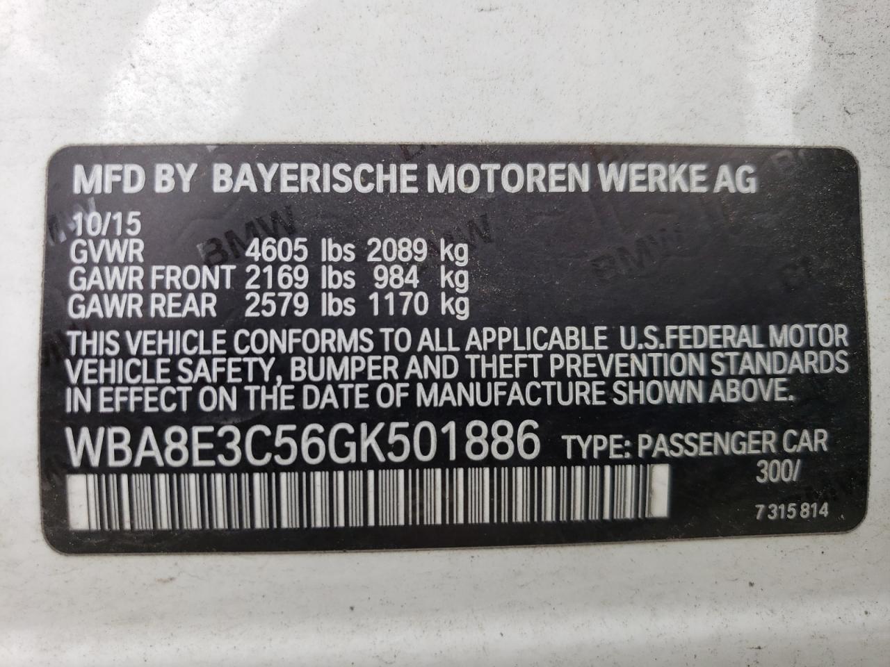 2016 BMW 328 Xi Sulev VIN: WBA8E3C56GK501886 Lot: 65480344