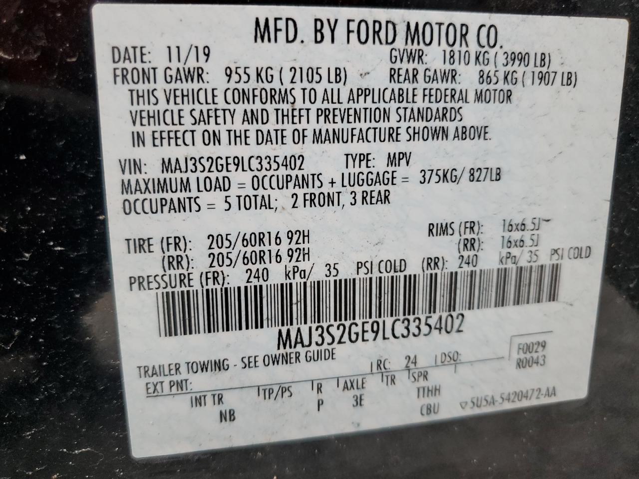 2020 Ford Ecosport Se VIN: MAJ3S2GE9LC335402 Lot: 66625384