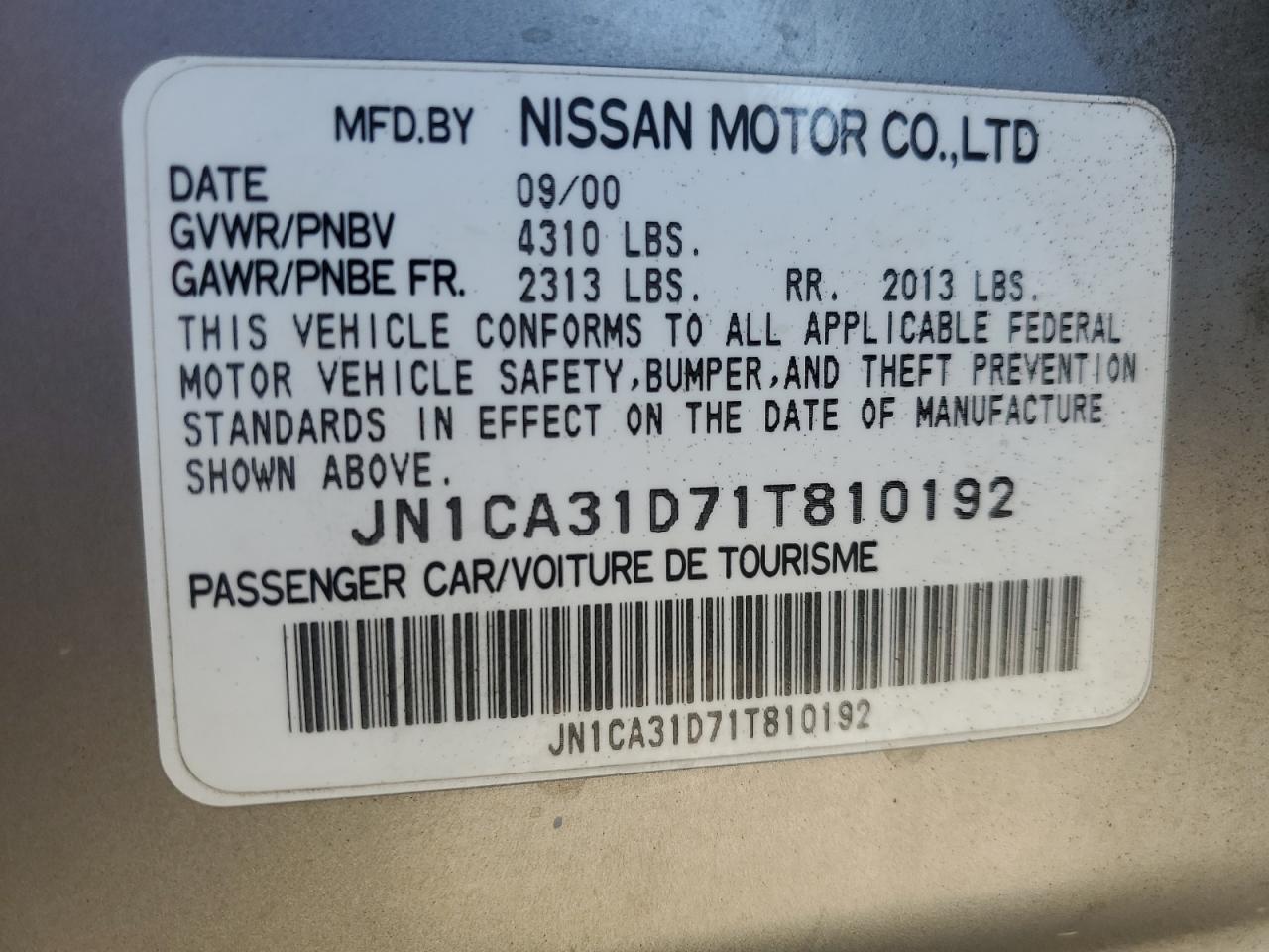 JN1CA31D71T810192 2001 Nissan Maxima Gxe