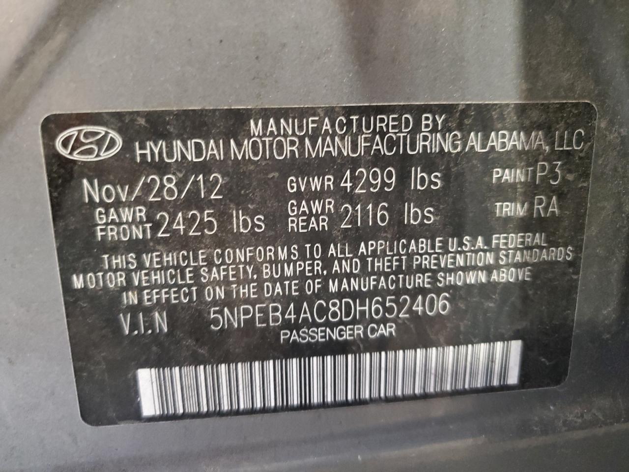 2013 Hyundai Sonata Gls VIN: 5NPEB4AC8DH652406 Lot: 67248714