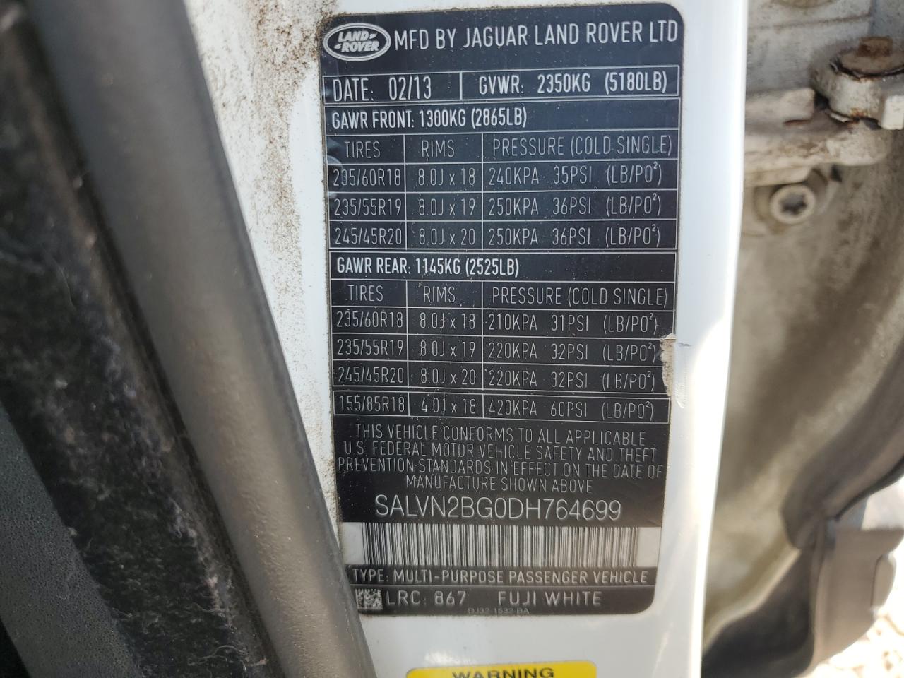 2013 Land Rover Range Rover Evoque Pure VIN: SALVN2BG0DH764699 Lot: 65410604