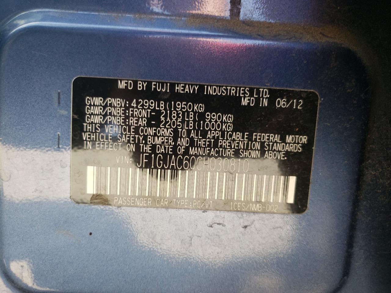 2012 Subaru Impreza Premium VIN: JF1GJAC60CH030810 Lot: 66170914