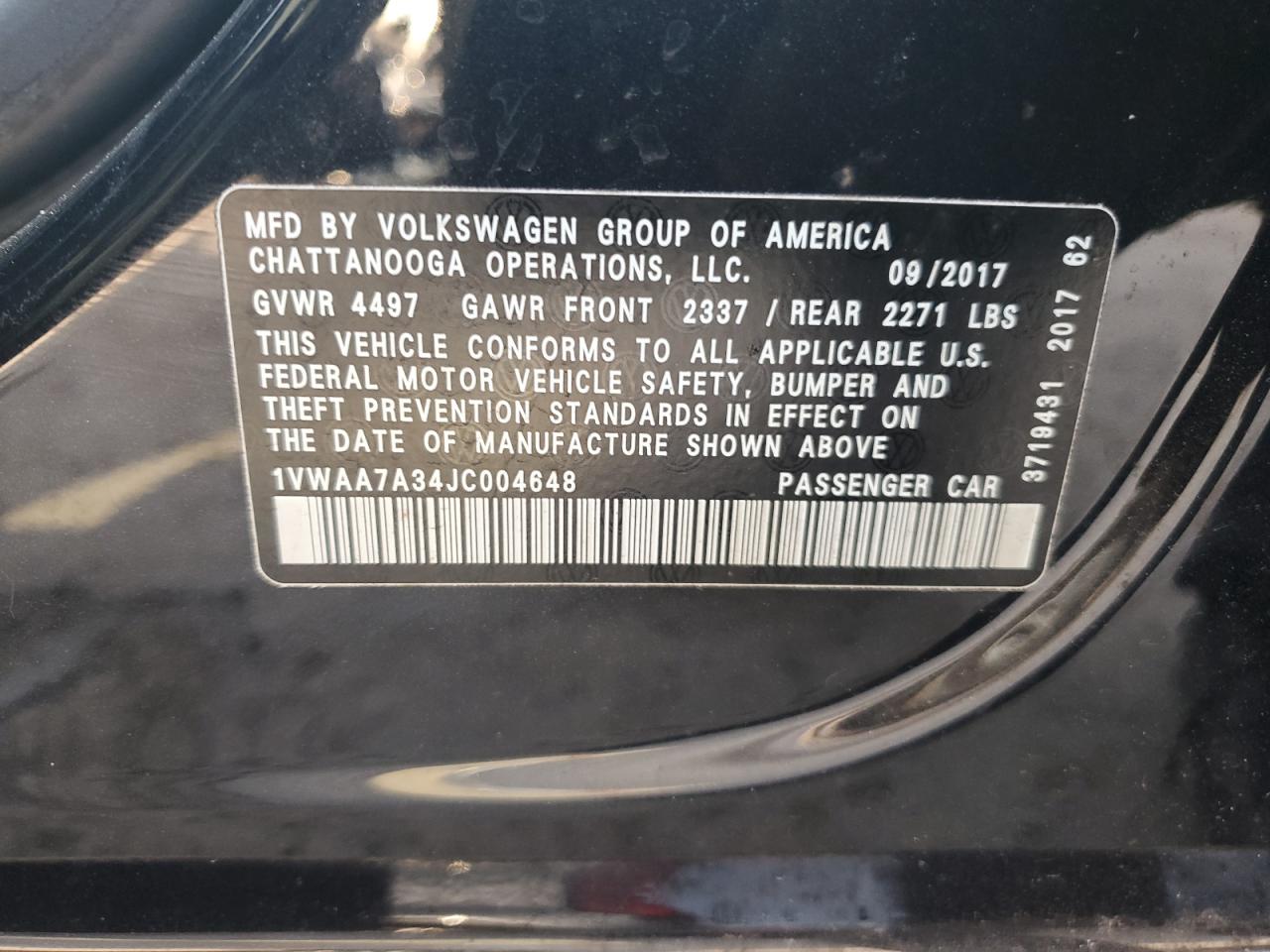 2018 Volkswagen Passat S VIN: 1VWAA7A34JC004648 Lot: 66496284