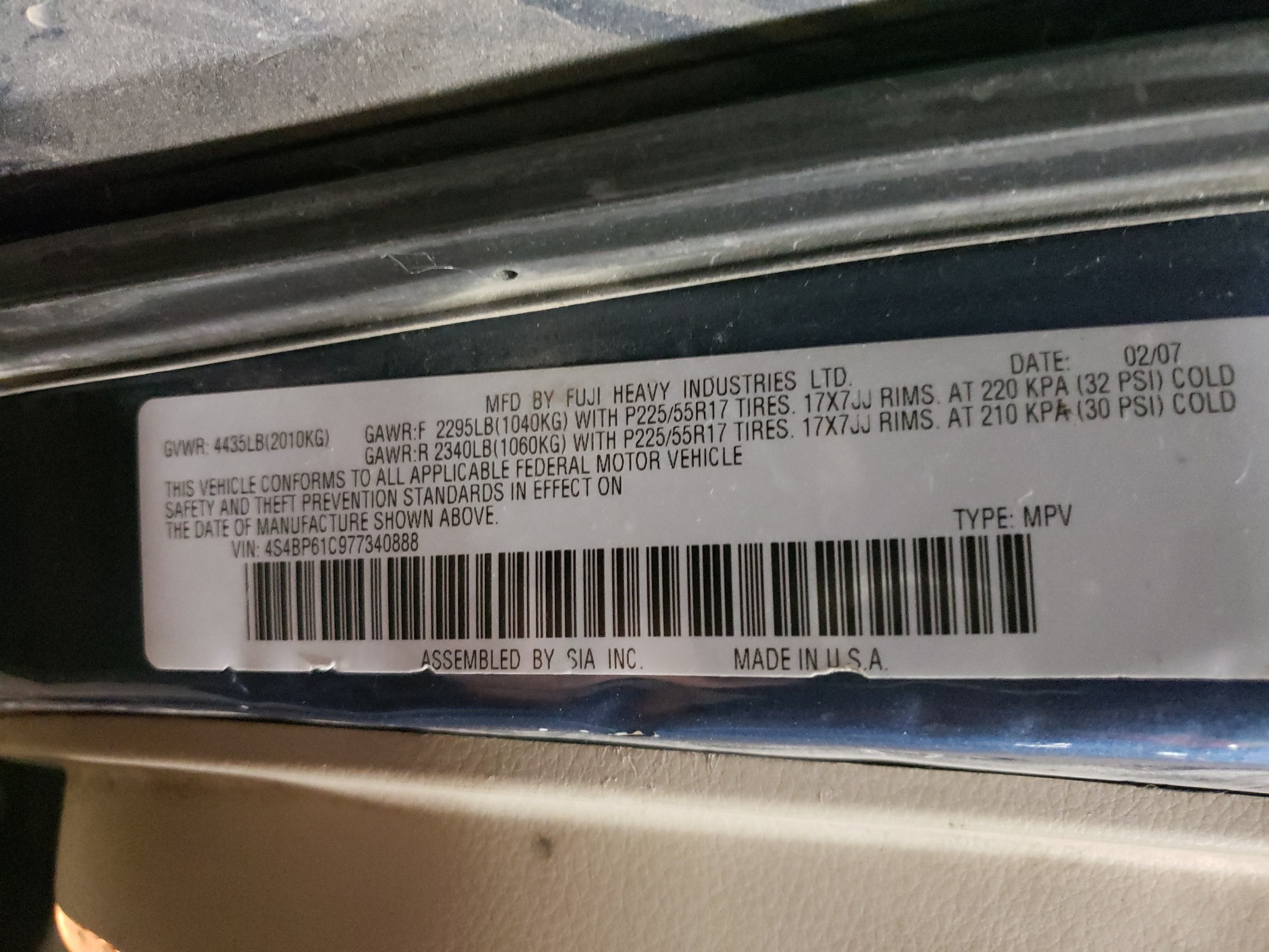 4S4BP61C977340888 2007 Subaru Outback Outback 2.5I