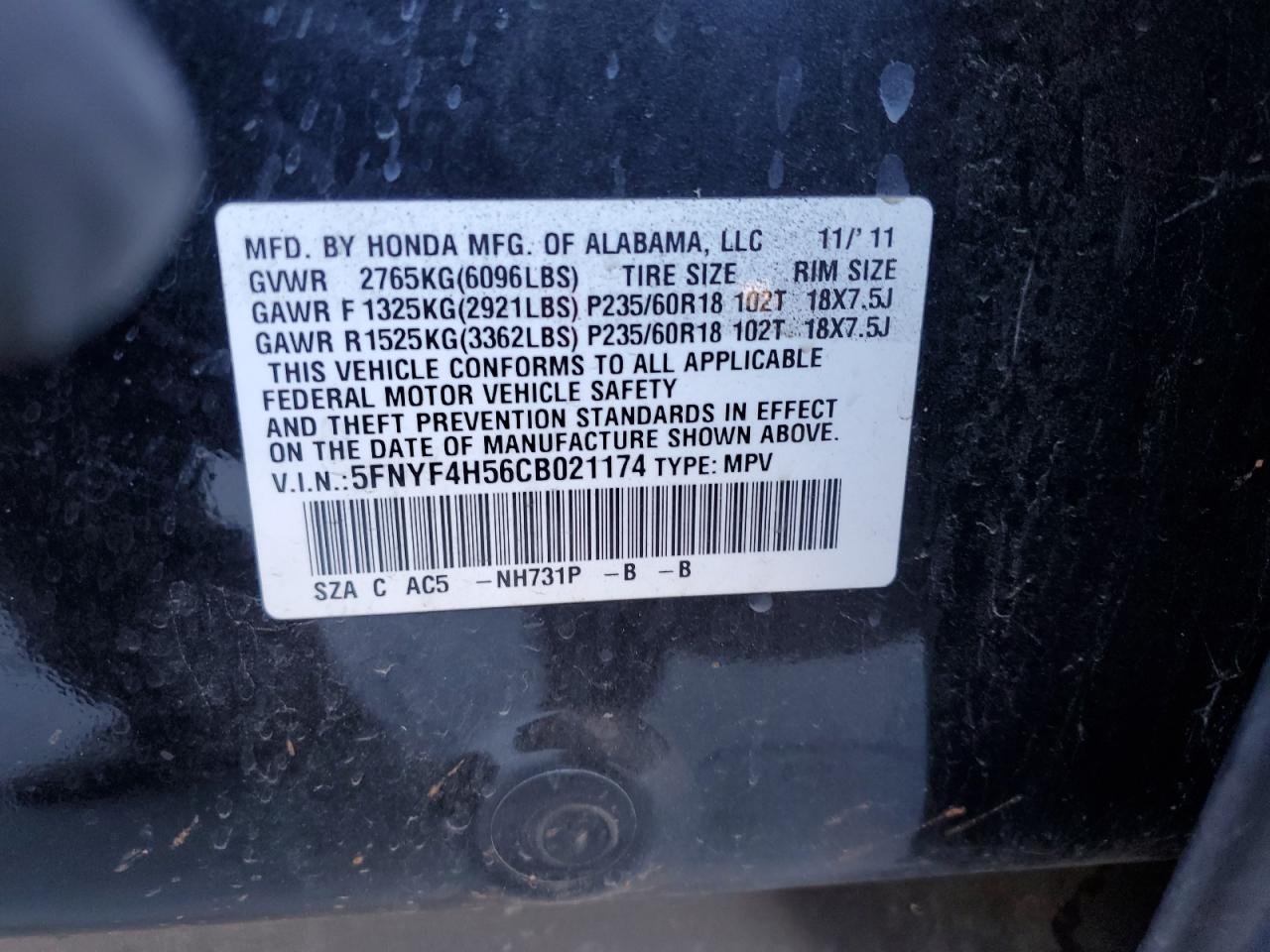 2012 Honda Pilot Exl VIN: 5FNYF4H56CB021174 Lot: 66713944