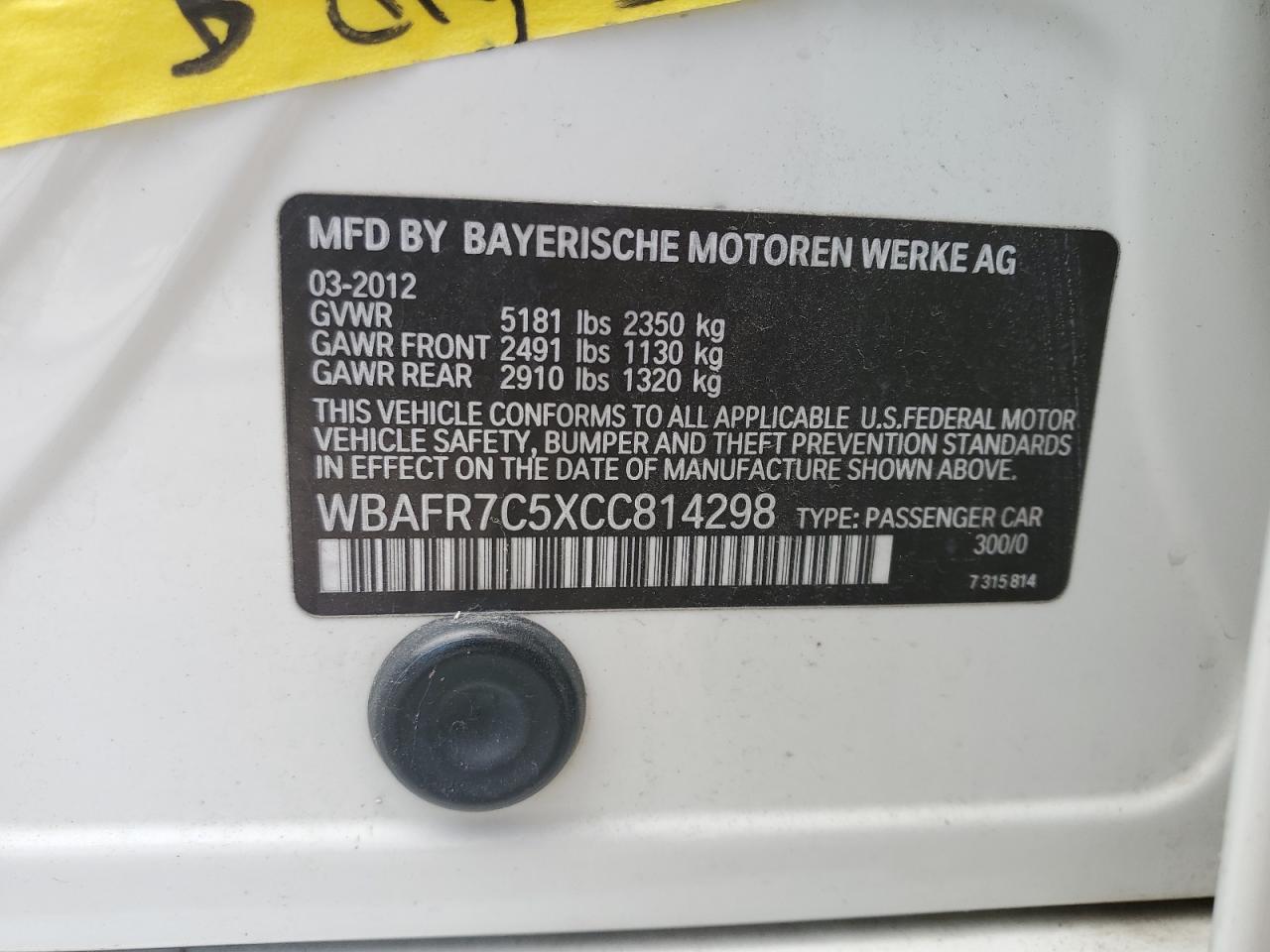 2012 BMW 535 I VIN: WBAFR7C5XCC814298 Lot: 67152584