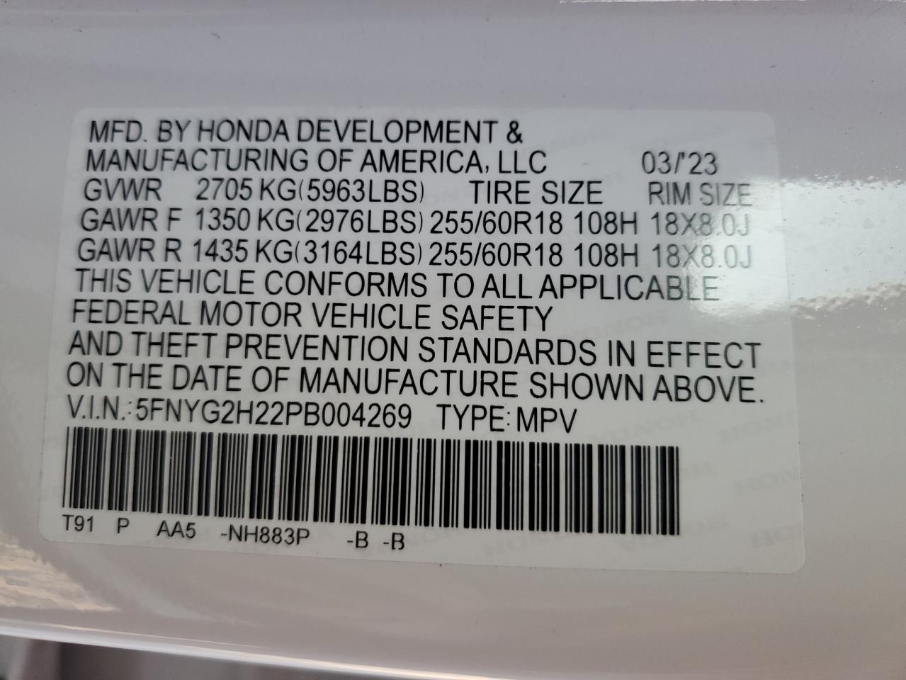 2023 Honda Pilot Lx VIN: 5FNYG2H22PB004269 Lot: 65818304