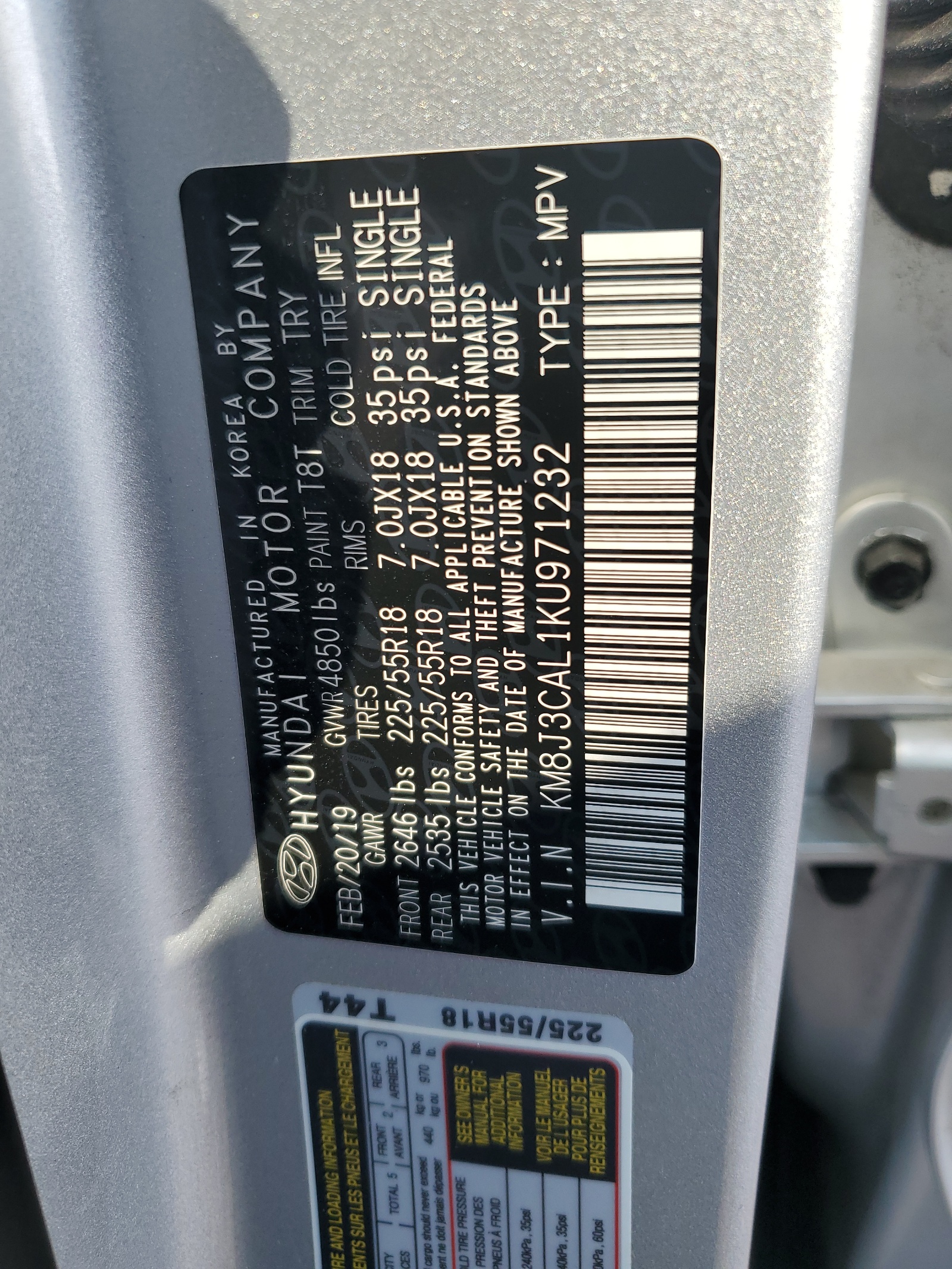 KM8J3CAL1KU971232 2019 Hyundai Tucson Limited