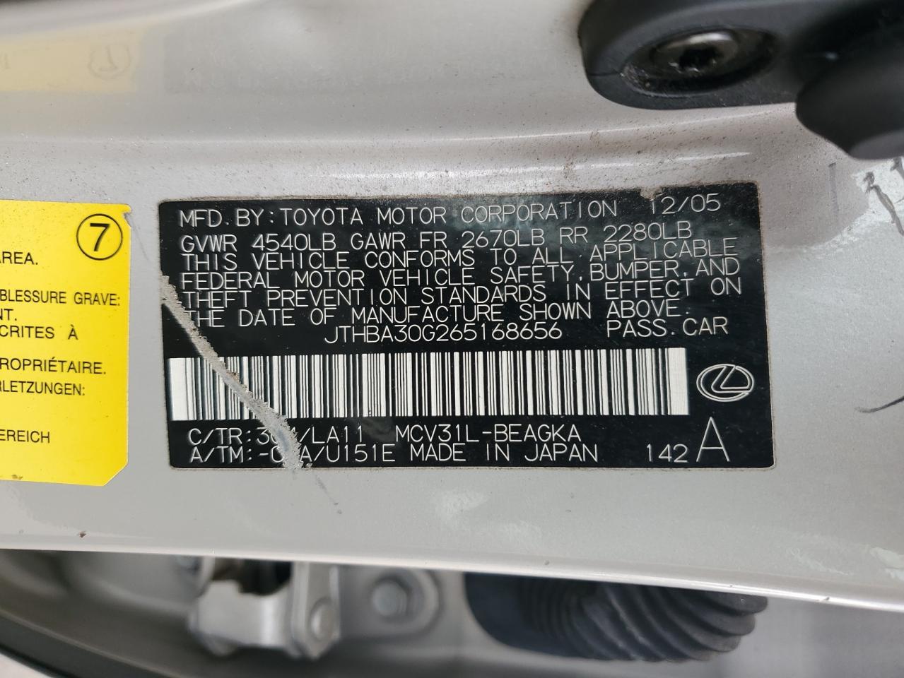 2006 Lexus Es 330 VIN: JTHBA30G265168656 Lot: 66685554