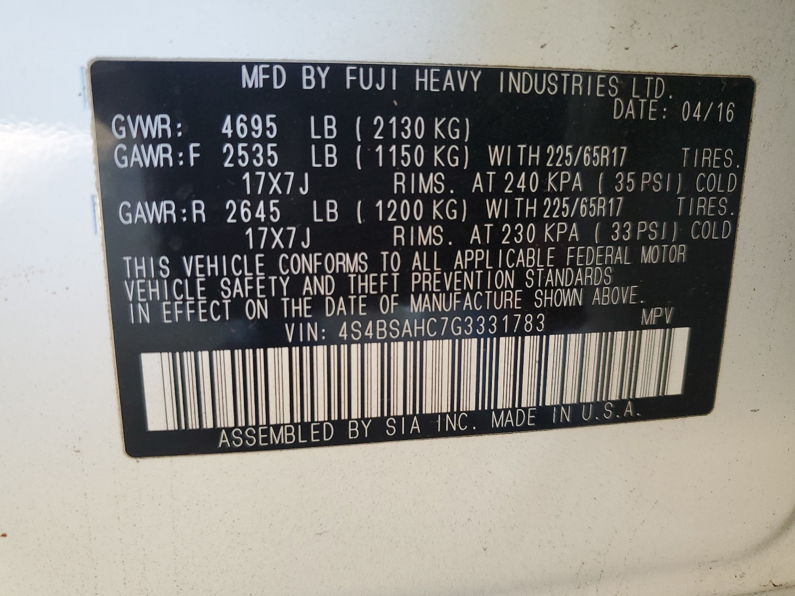 4S4BSAHC7G3331783 2016 Subaru Outback 2.5I Premium