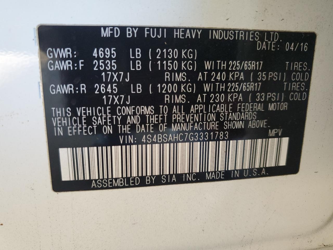 2016 Subaru Outback 2.5I Premium VIN: 4S4BSAHC7G3331783 Lot: 66964164