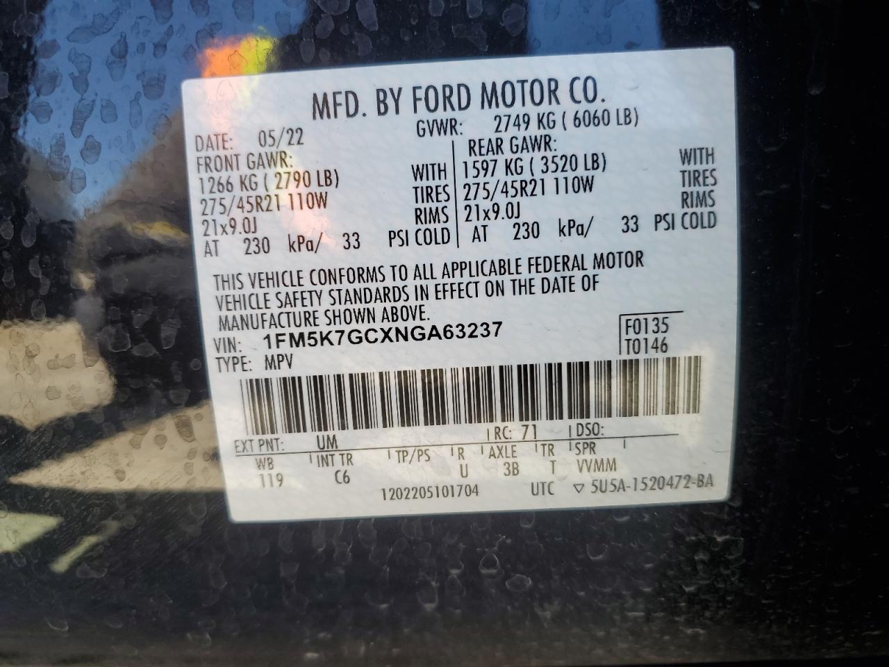 1FM5K7GCXNGA63237 2022 Ford Explorer St