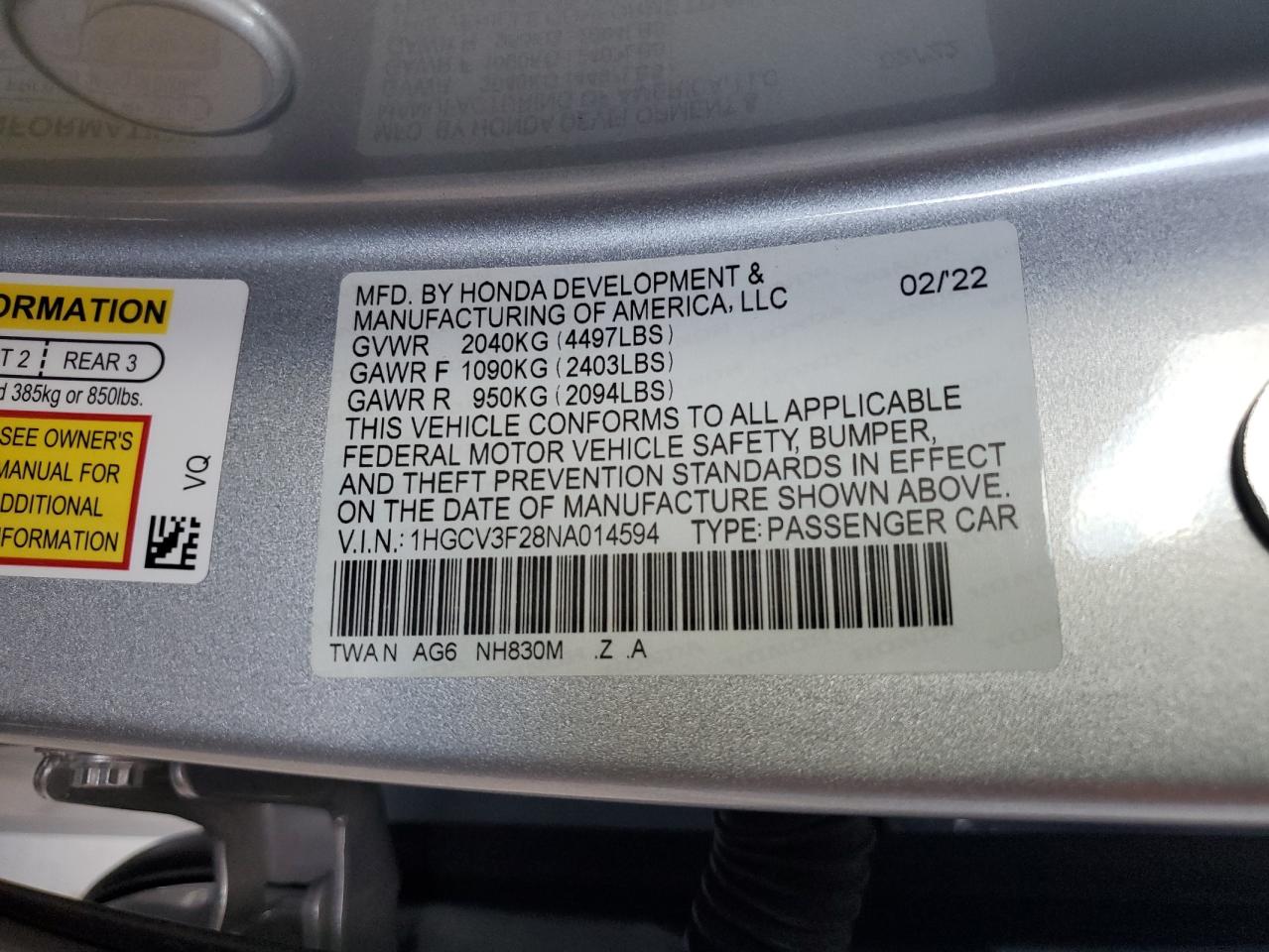 1HGCV3F28NA014594 2022 Honda Accord Hybrid Sport