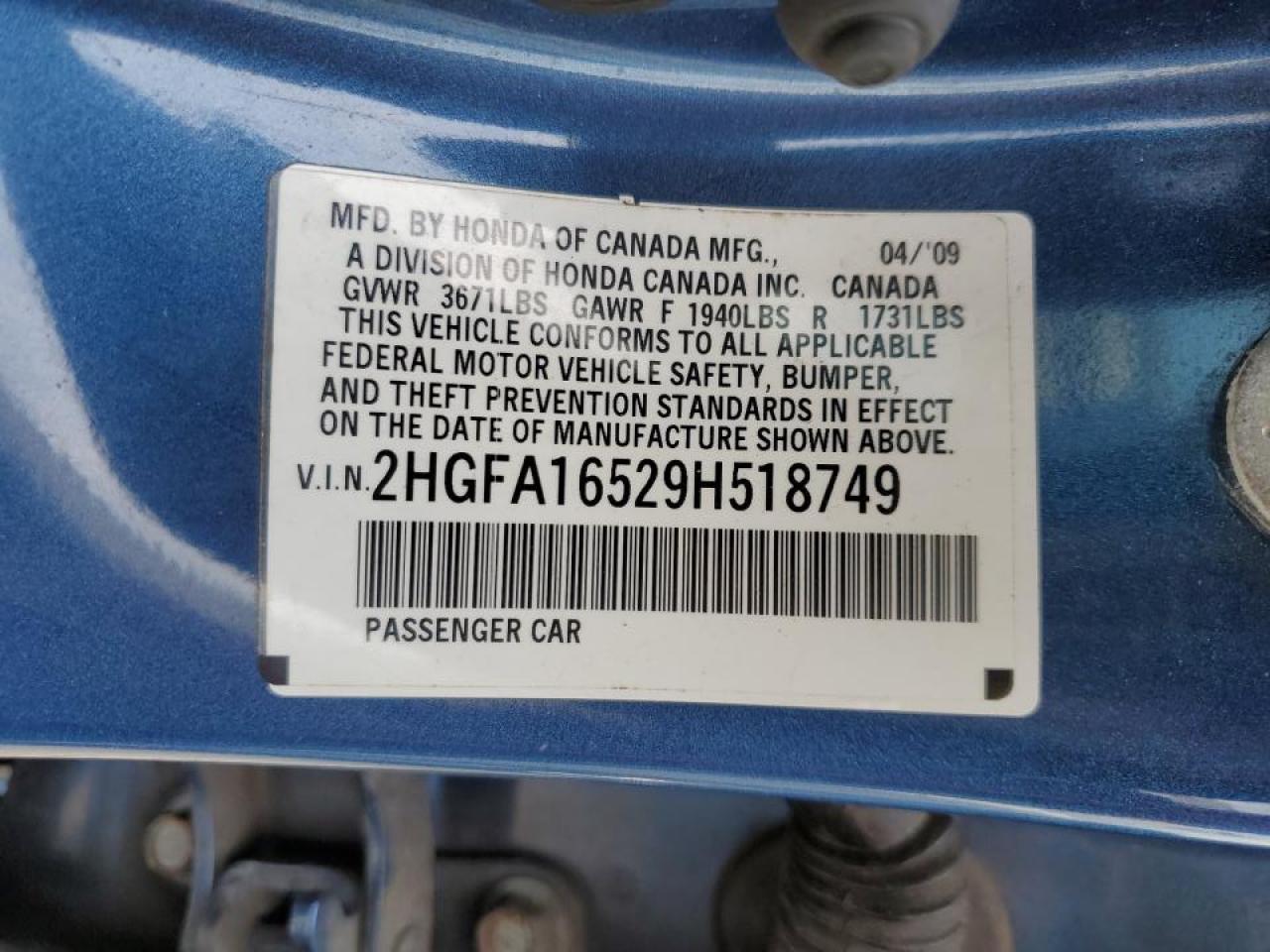 2009 Honda Civic Lx VIN: 2HGFA16529H518749 Lot: 66659474