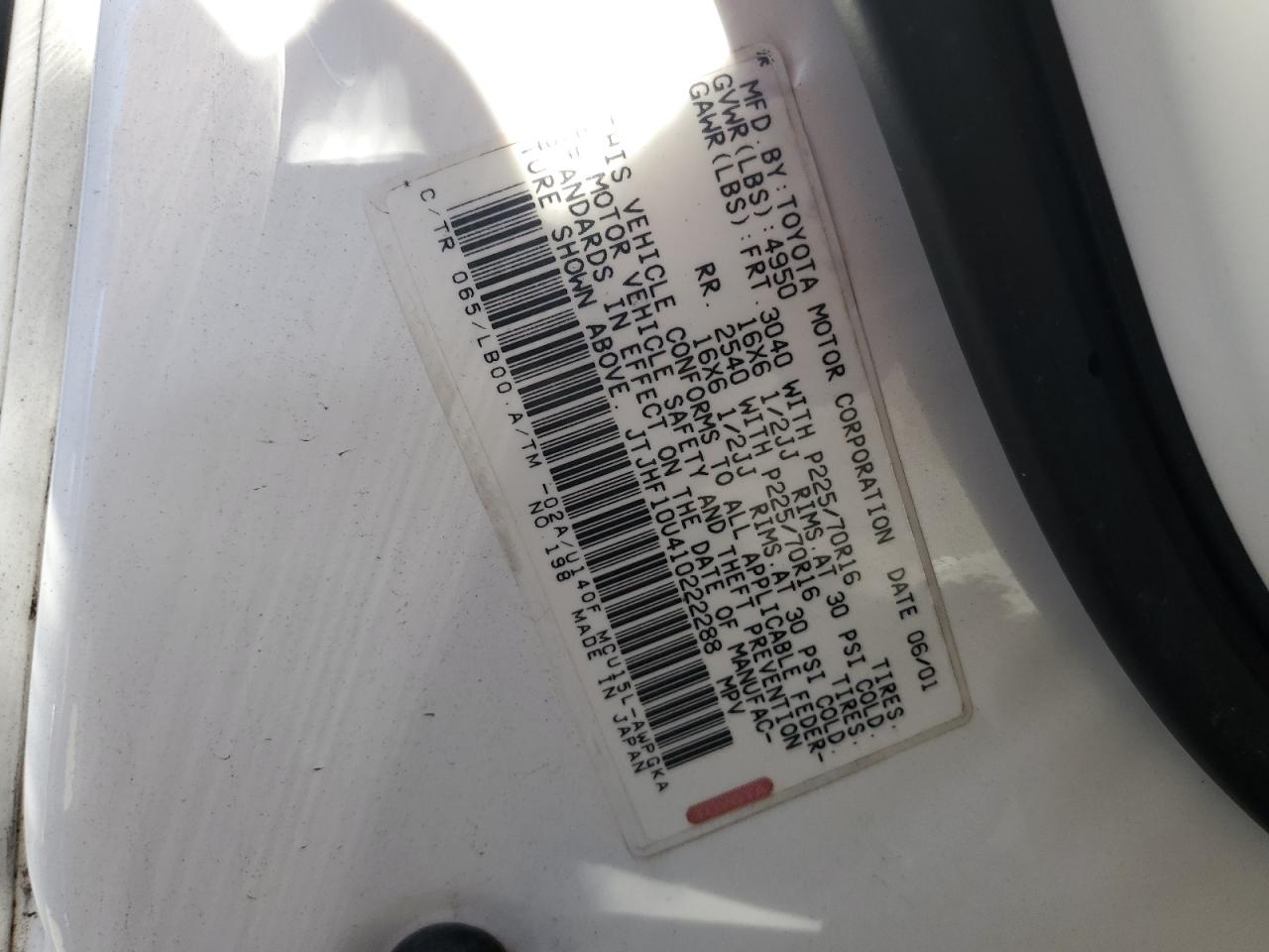 2001 Lexus Rx 300 VIN: JTJHF10U410222288 Lot: 67478704