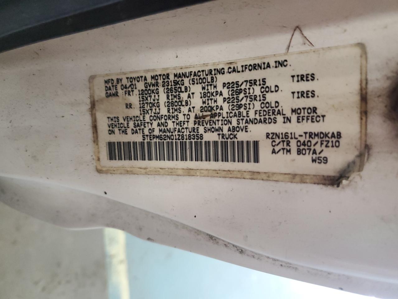 2001 Toyota Tacoma VIN: 5TEPM62N01Z818358 Lot: 69082884