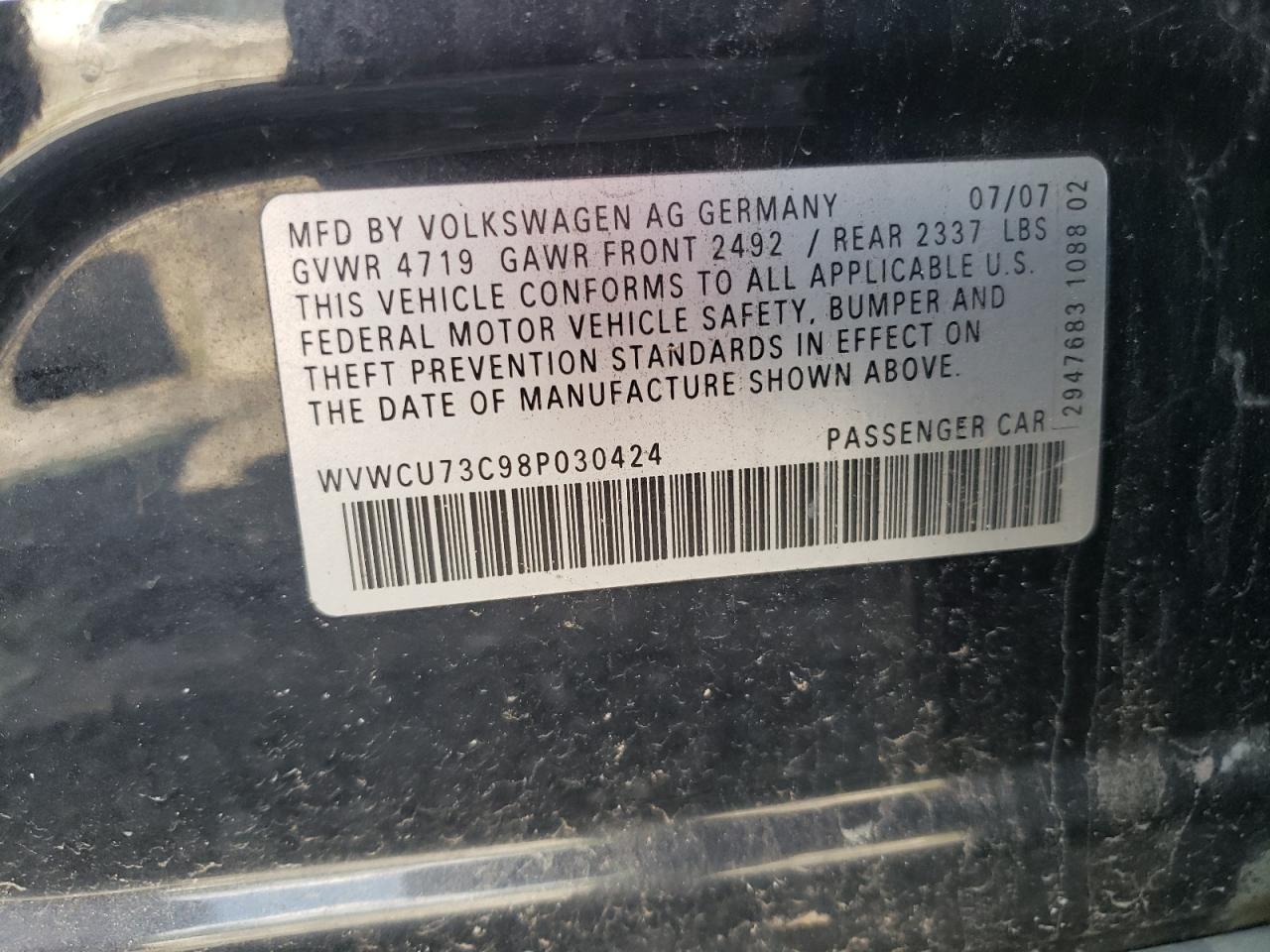 2008 Volkswagen Passat Vr6 VIN: WVWCU73C98P030424 Lot: 66742624