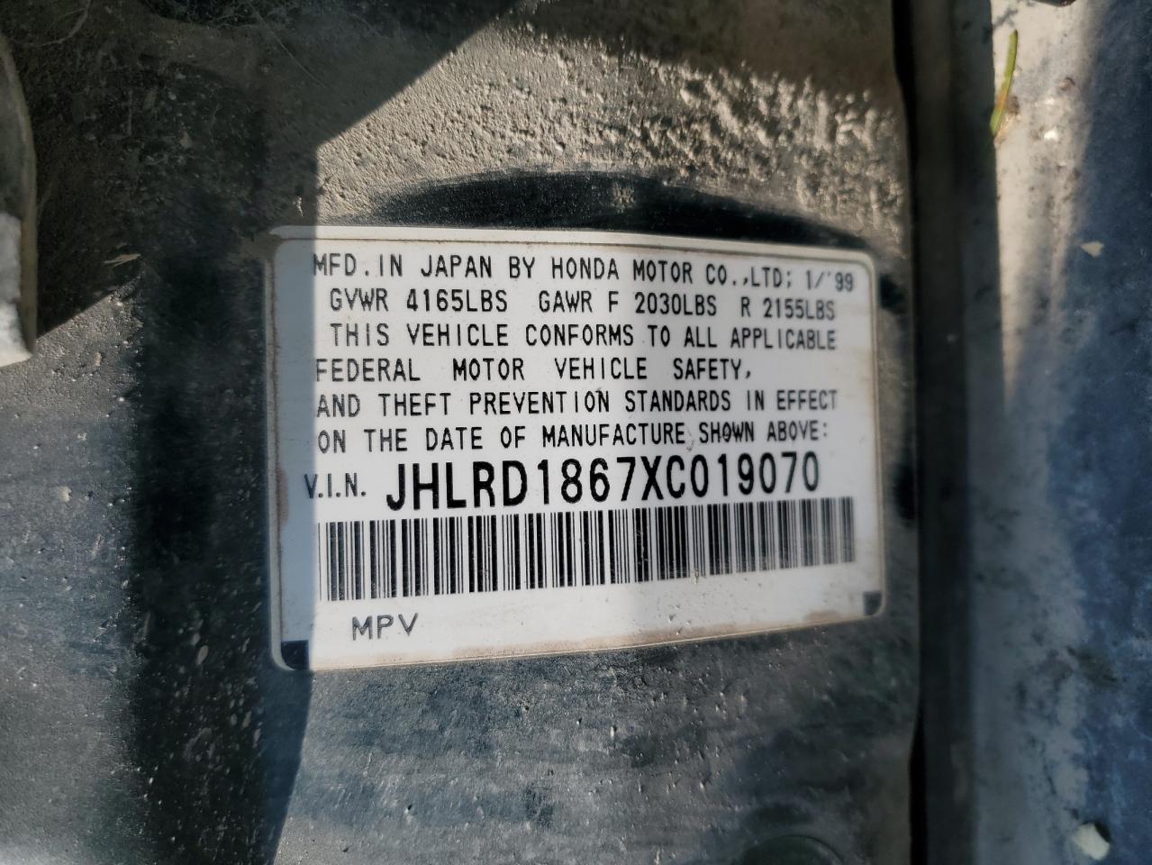 1999 Honda Cr-V Ex VIN: JHLRD1867XC019070 Lot: 66956294