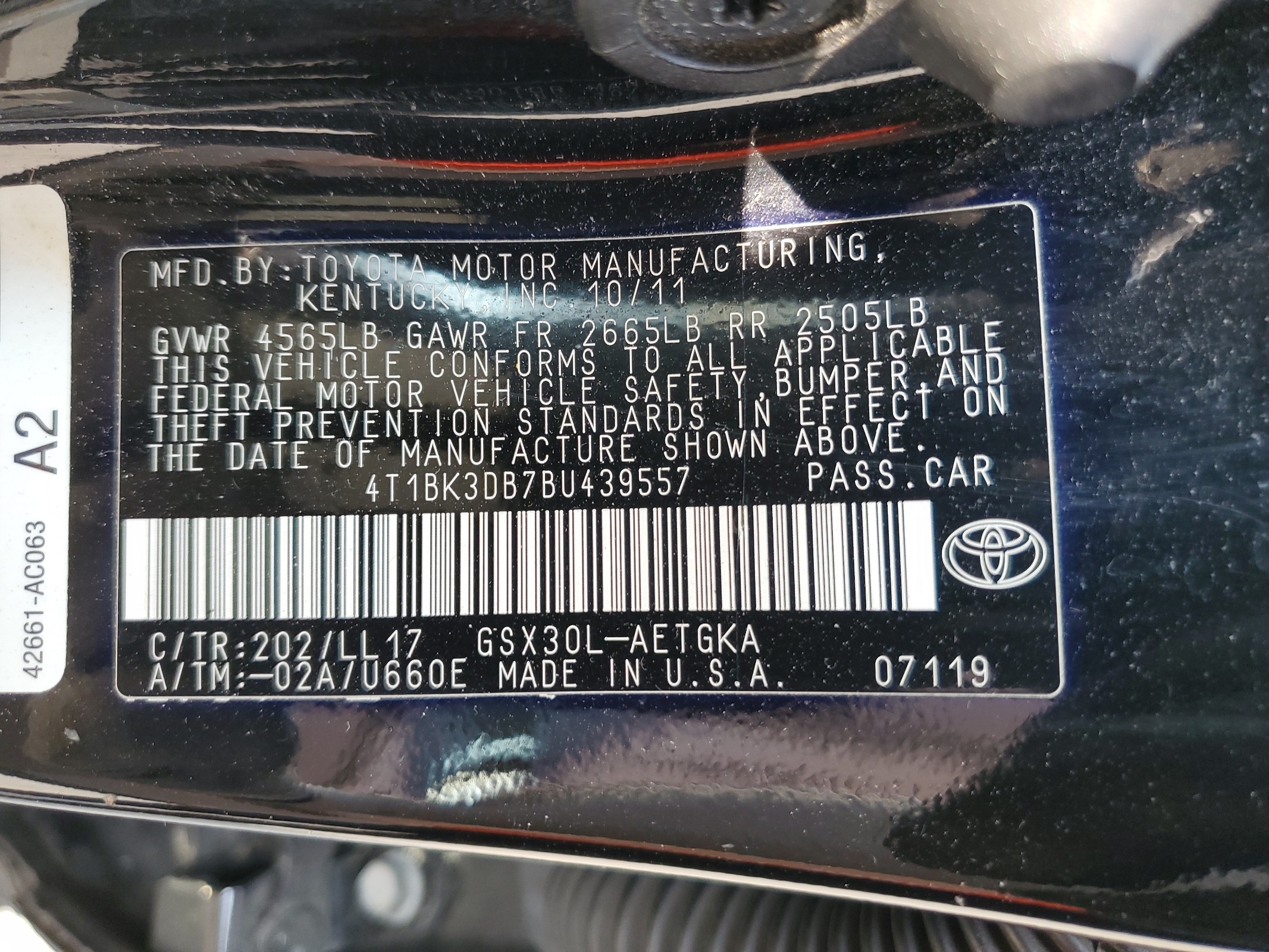 4T1BK3DB7BU439557 2011 Toyota Avalon Base