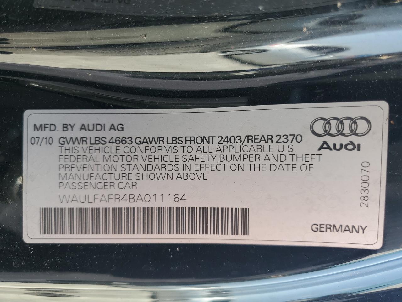 2011 Audi A5 Premium Plus VIN: WAULFAFR4BA011164 Lot: 68767514