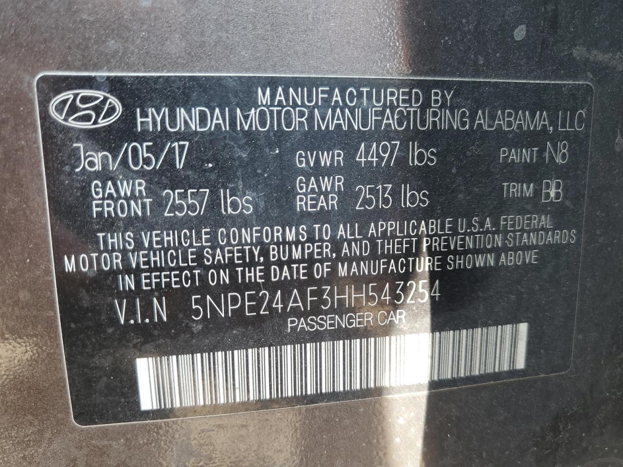 5NPE24AF3HH543254 2017 Hyundai Sonata Se