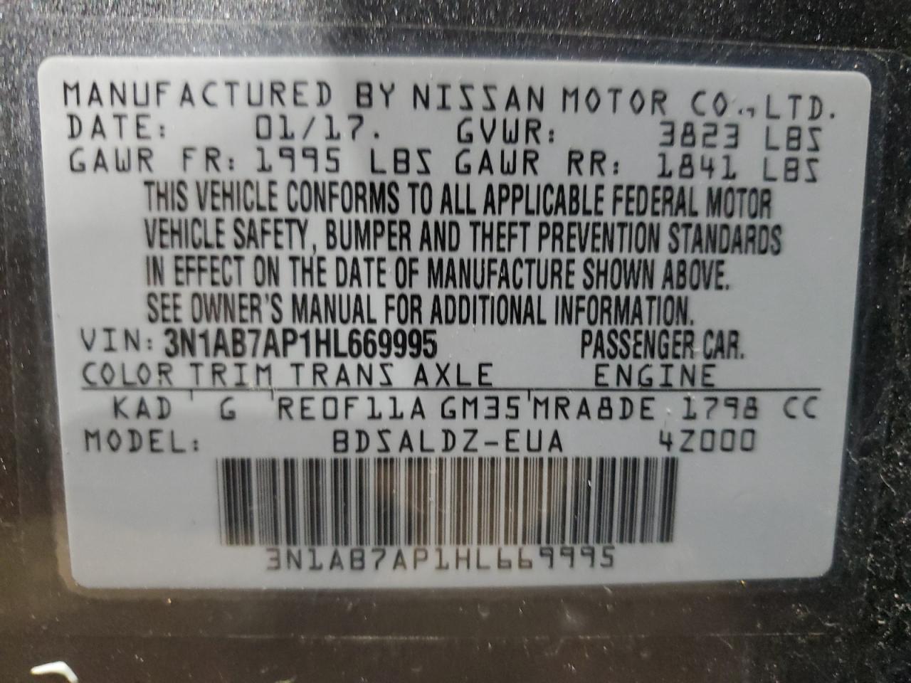 3N1AB7AP1HL669995 2017 Nissan Sentra S