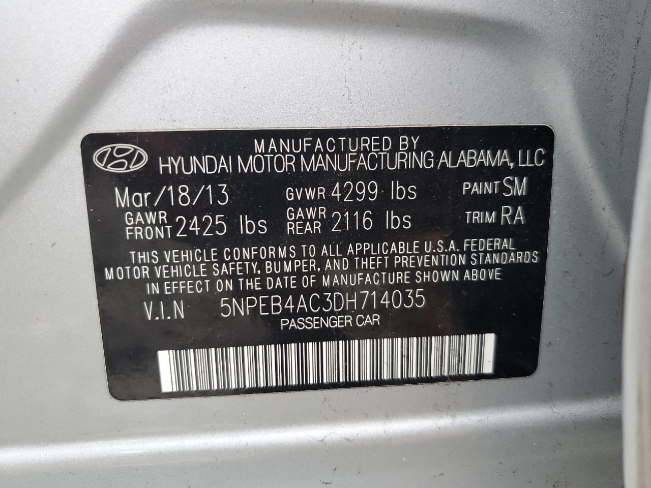 2013 Hyundai Sonata Gls VIN: 5NPEB4AC3DH714035 Lot: 65779334