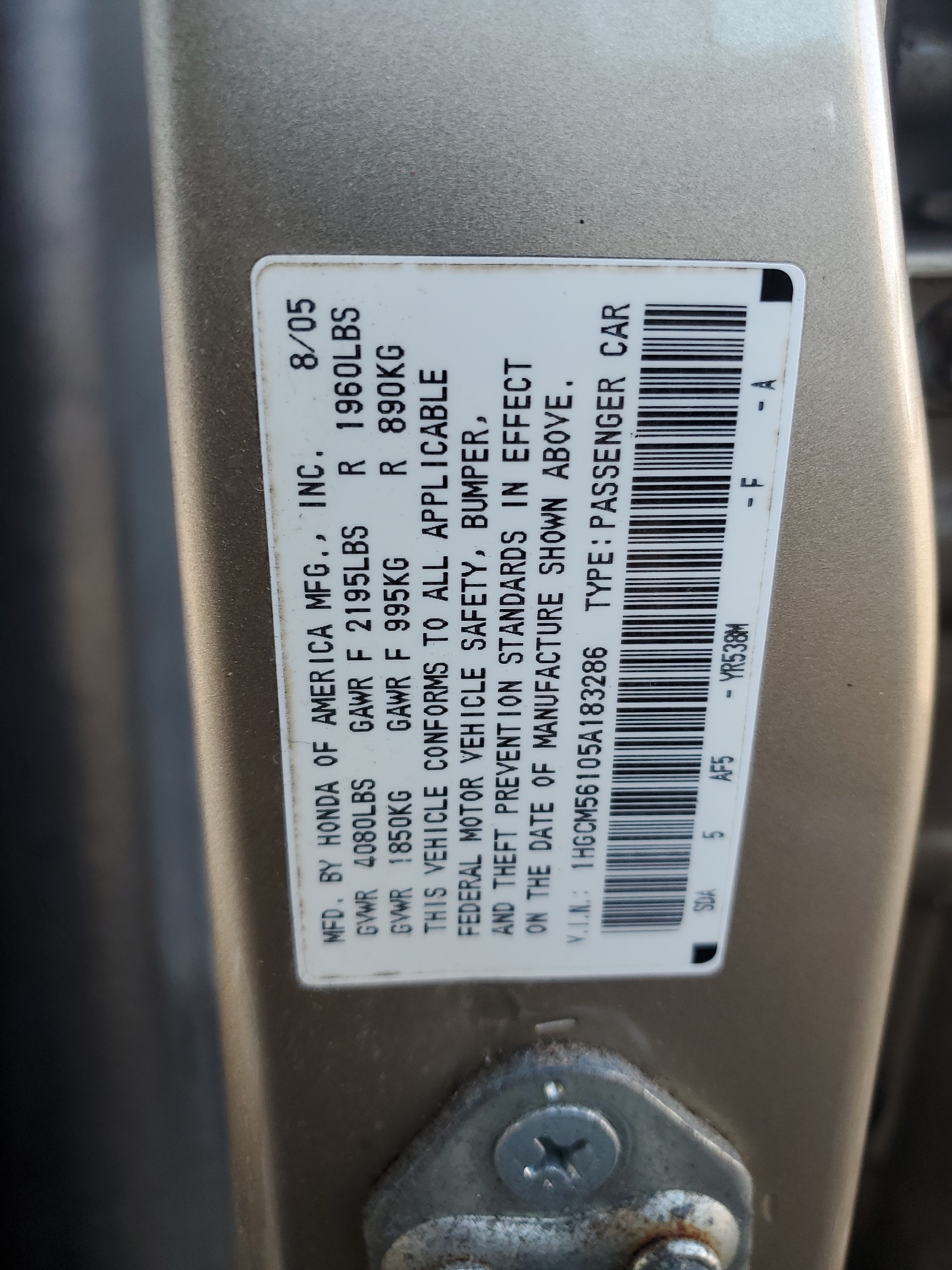 1HGCM56105A183286 2005 Honda Accord Dx