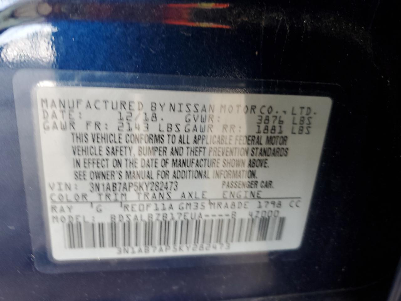 3N1AB7AP5KY282473 2019 Nissan Sentra S