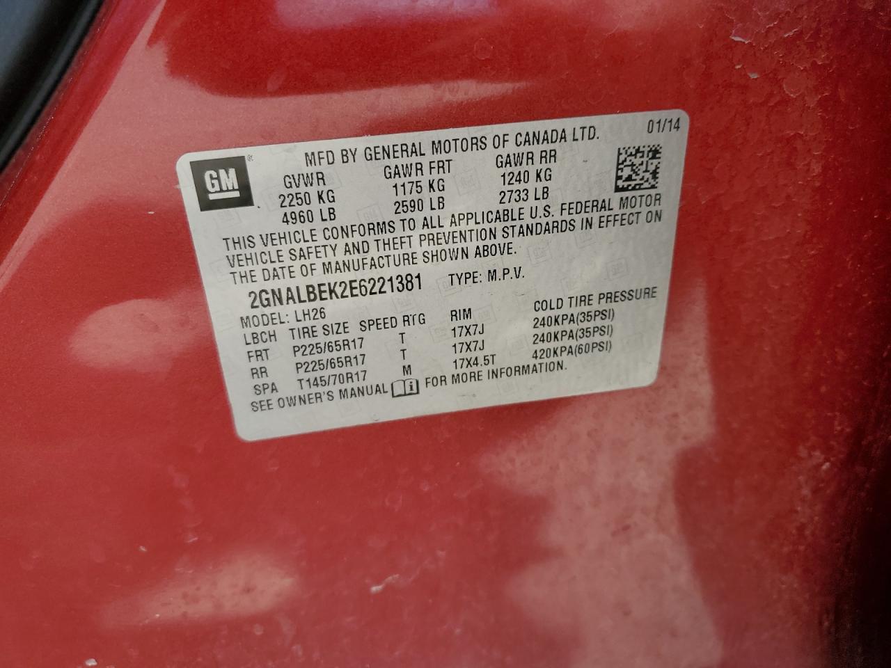 2GNALBEK2E6221381 2014 Chevrolet Equinox Lt