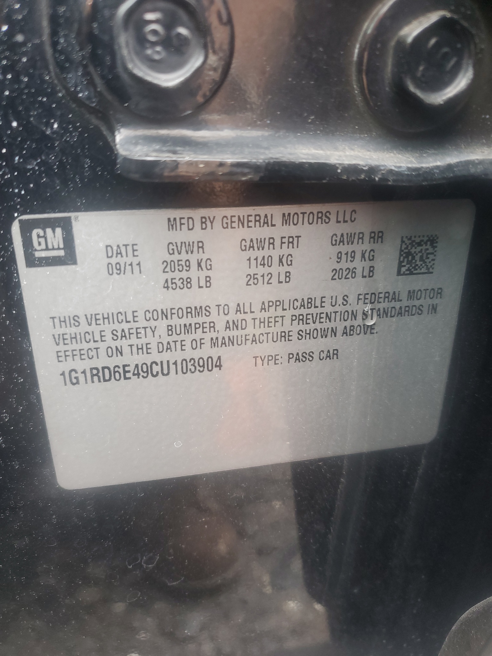 1G1RD6E49CU103904 2012 Chevrolet Volt