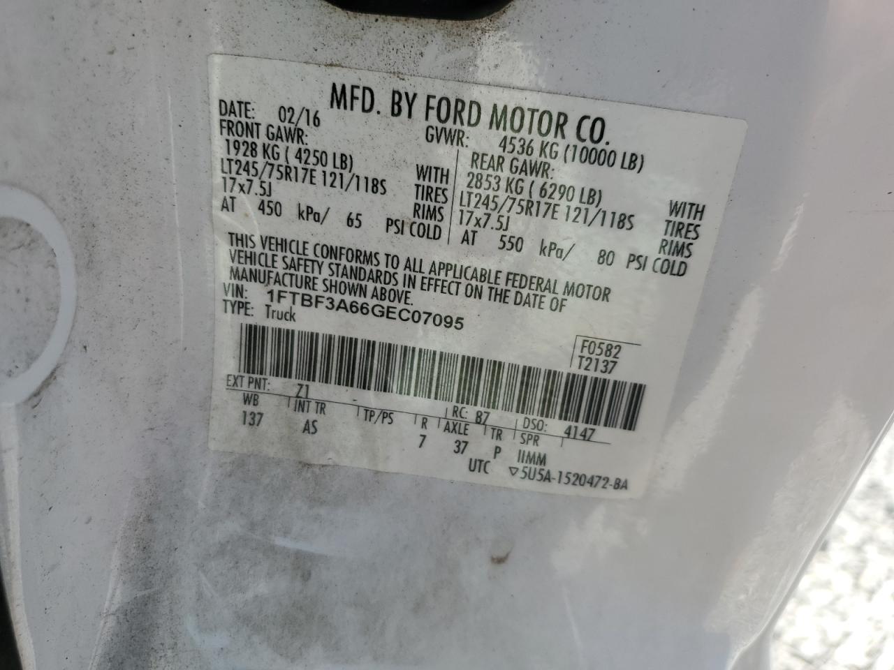 2016 Ford F350 Super Duty VIN: 1FTBF3A66GEC07095 Lot: 67205014