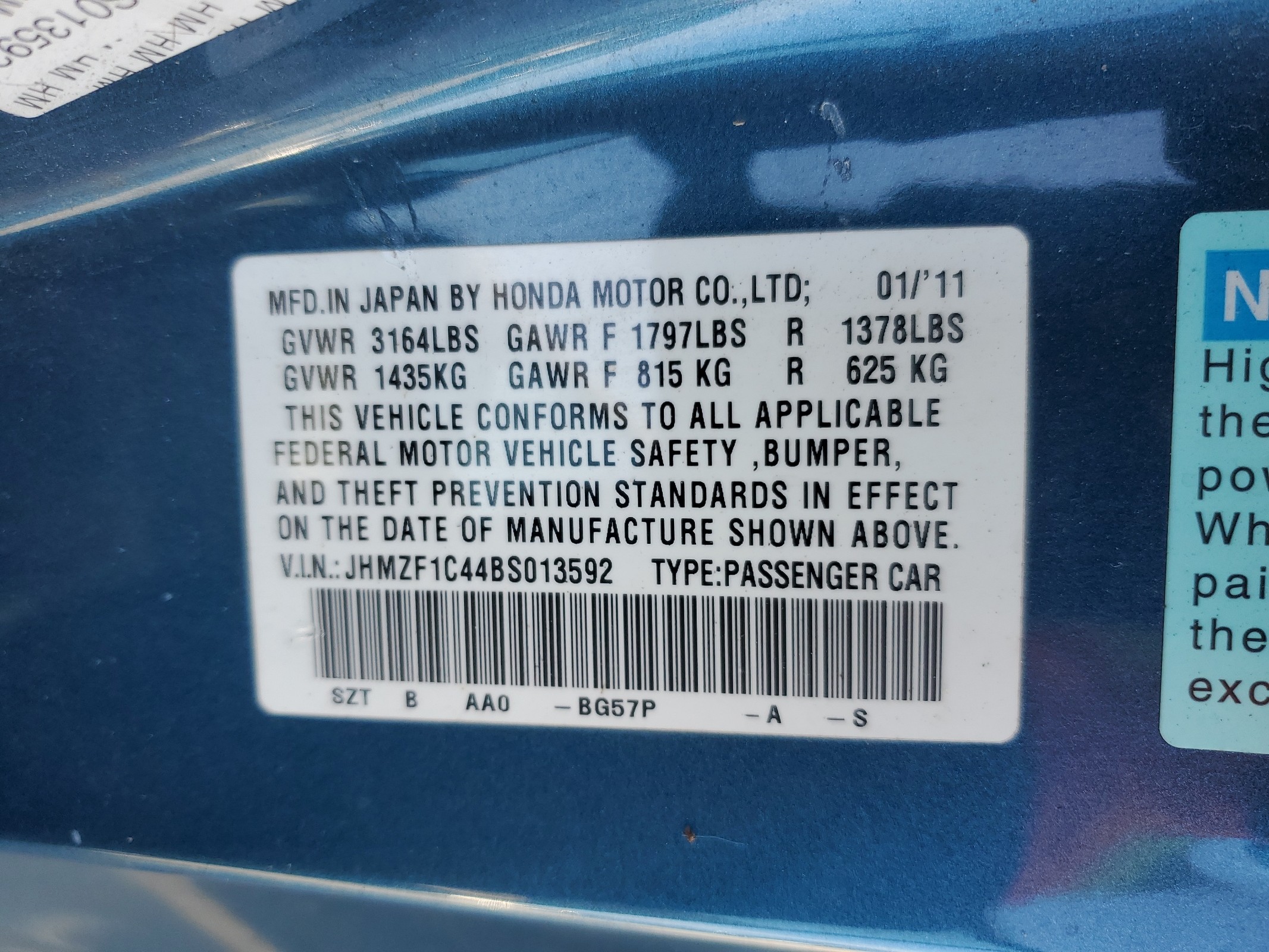 JHMZF1C44BS013592 2011 Honda Cr-Z