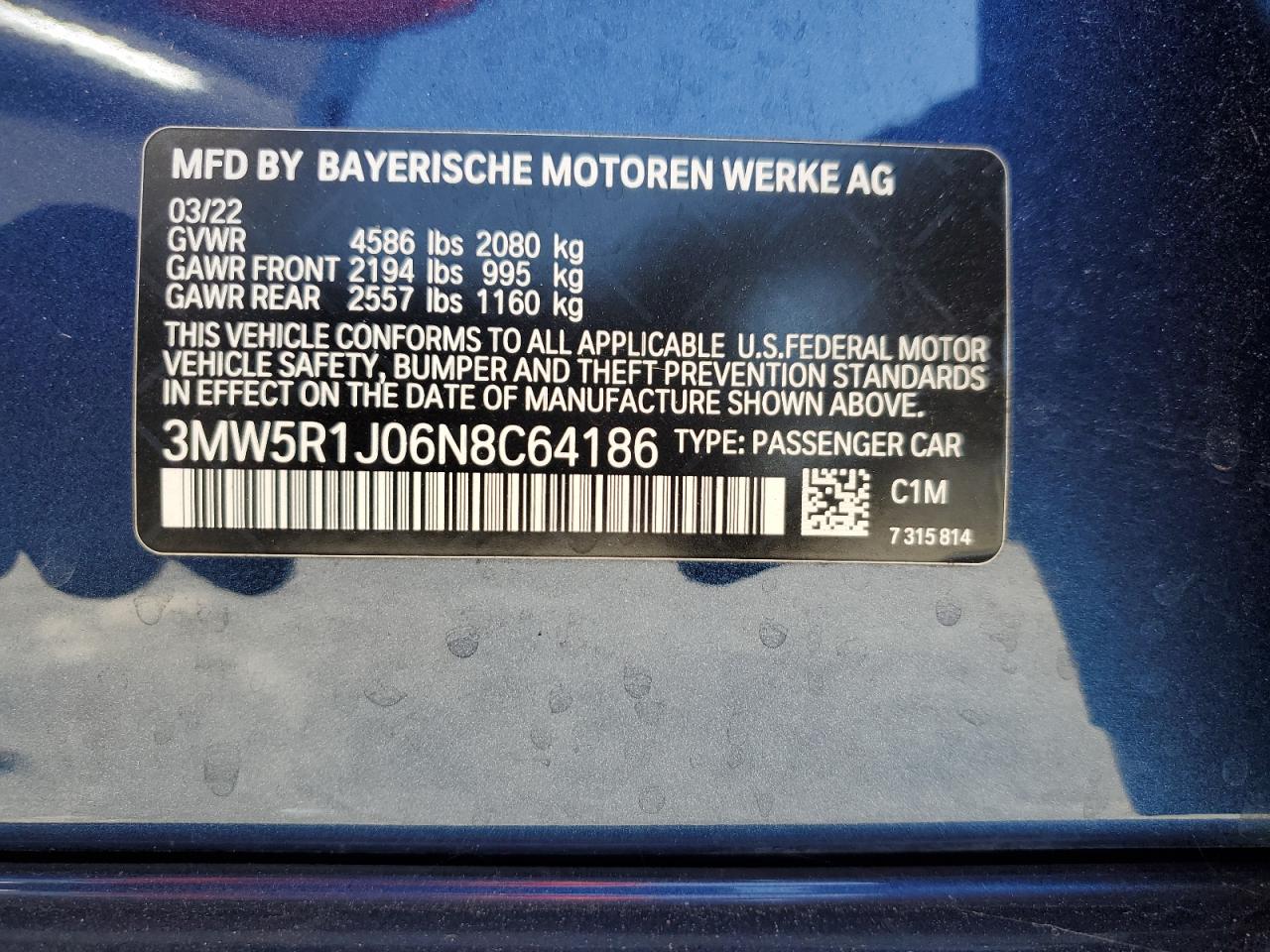 2022 BMW 330I VIN: 3MW5R1J06N8C64186 Lot: 68709394