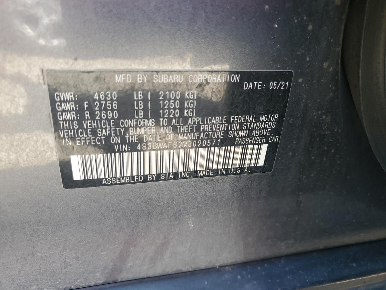 4S3BWAF62M3020571 2021 Subaru Legacy Premium