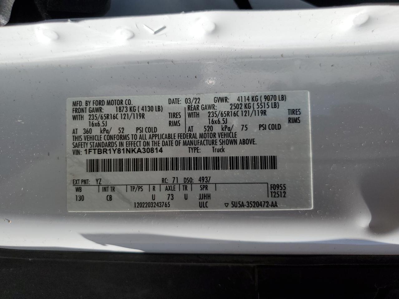 2022 Ford Transit T-250 VIN: 1FTBR1Y81NKA30814 Lot: 66154964