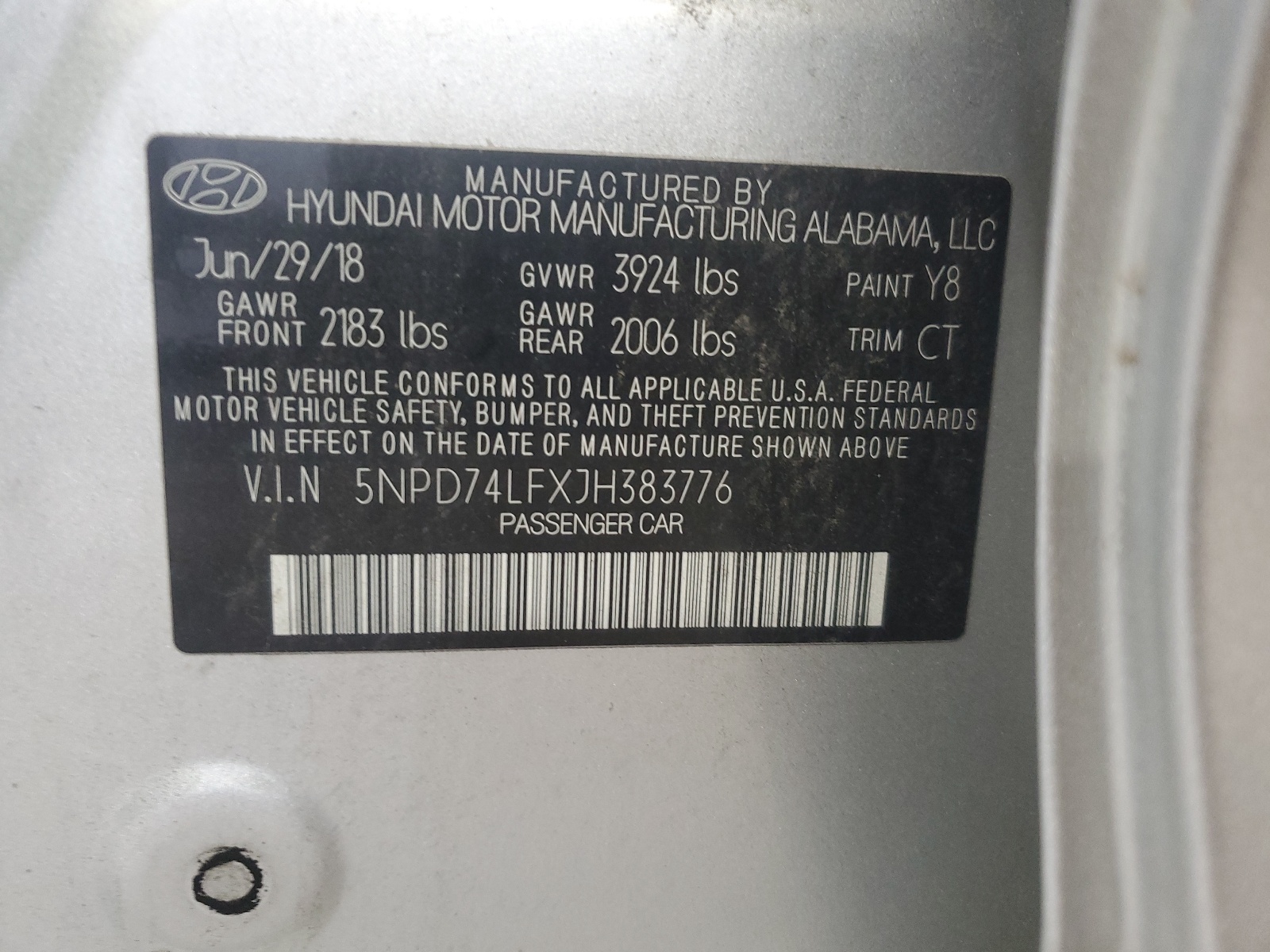 5NPD74LFXJH383776 2018 Hyundai Elantra Se