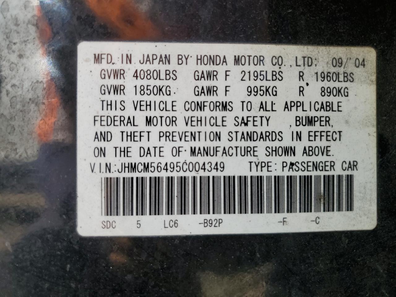 2005 Honda Accord Lx VIN: JHMCM56495C004349 Lot: 65564284